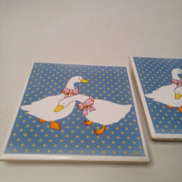 Vintage Ceramic Tile Trivet Coaster Geese 80s Blue White Lot of 2 - Picture 3 of 10